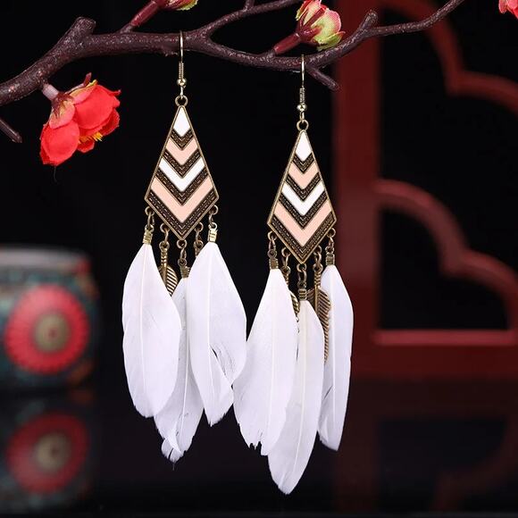 Vintage White Boho Feather Tassel Earrings Geometric Pink